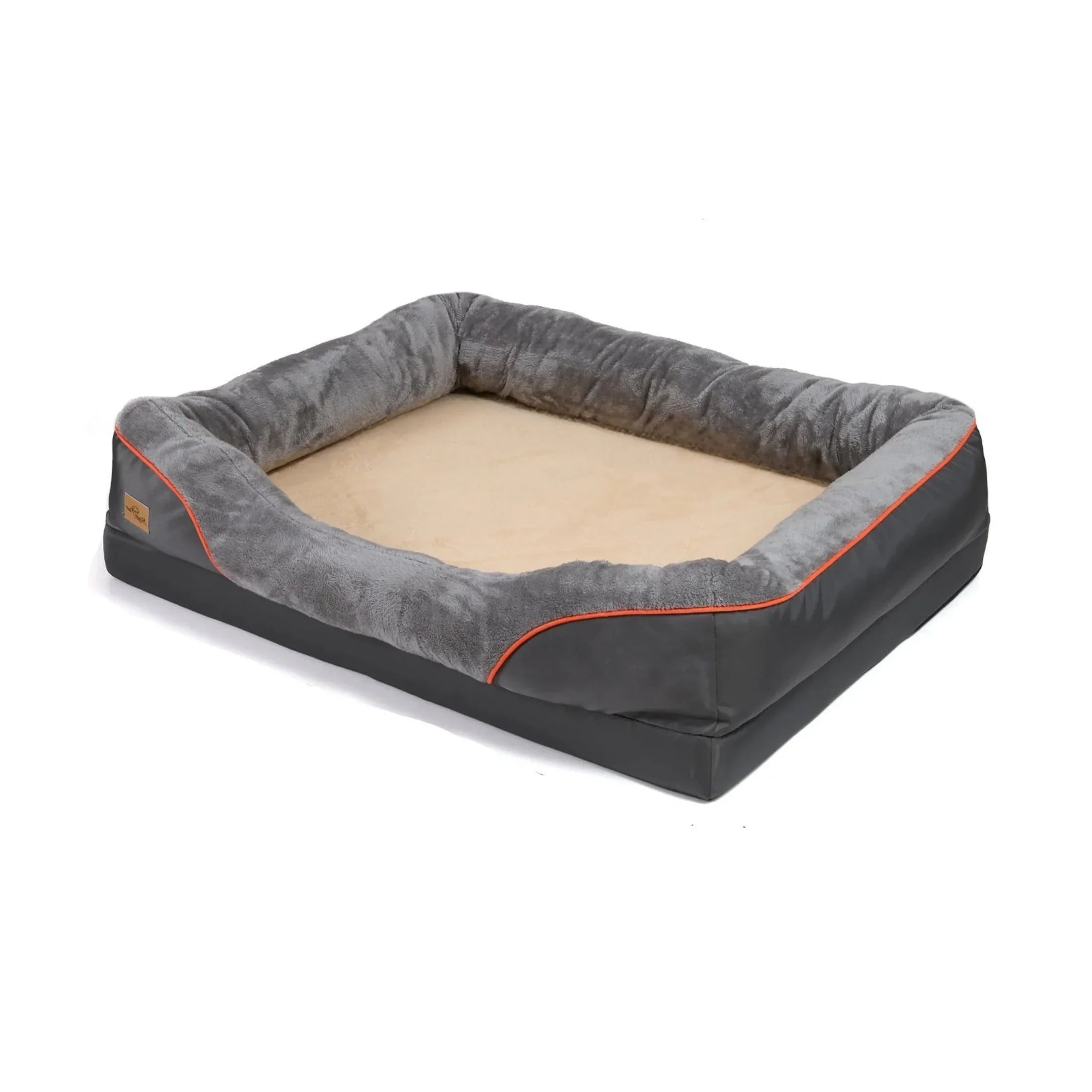 Rectangular gray plush dog bed with soft raised sides and beige sleeping surface