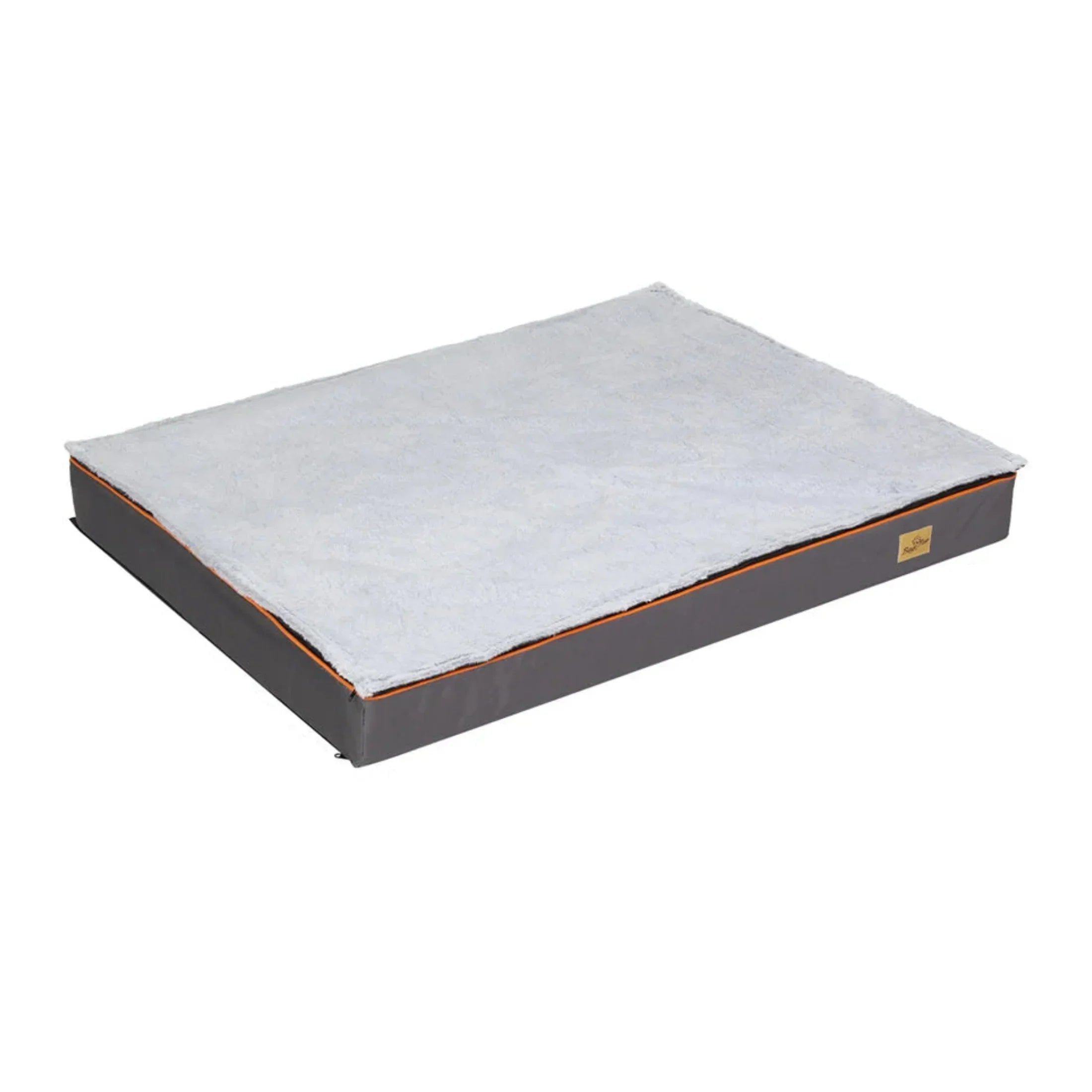 Large rectangular orthopedic pet bed with grey cover and soft top surface