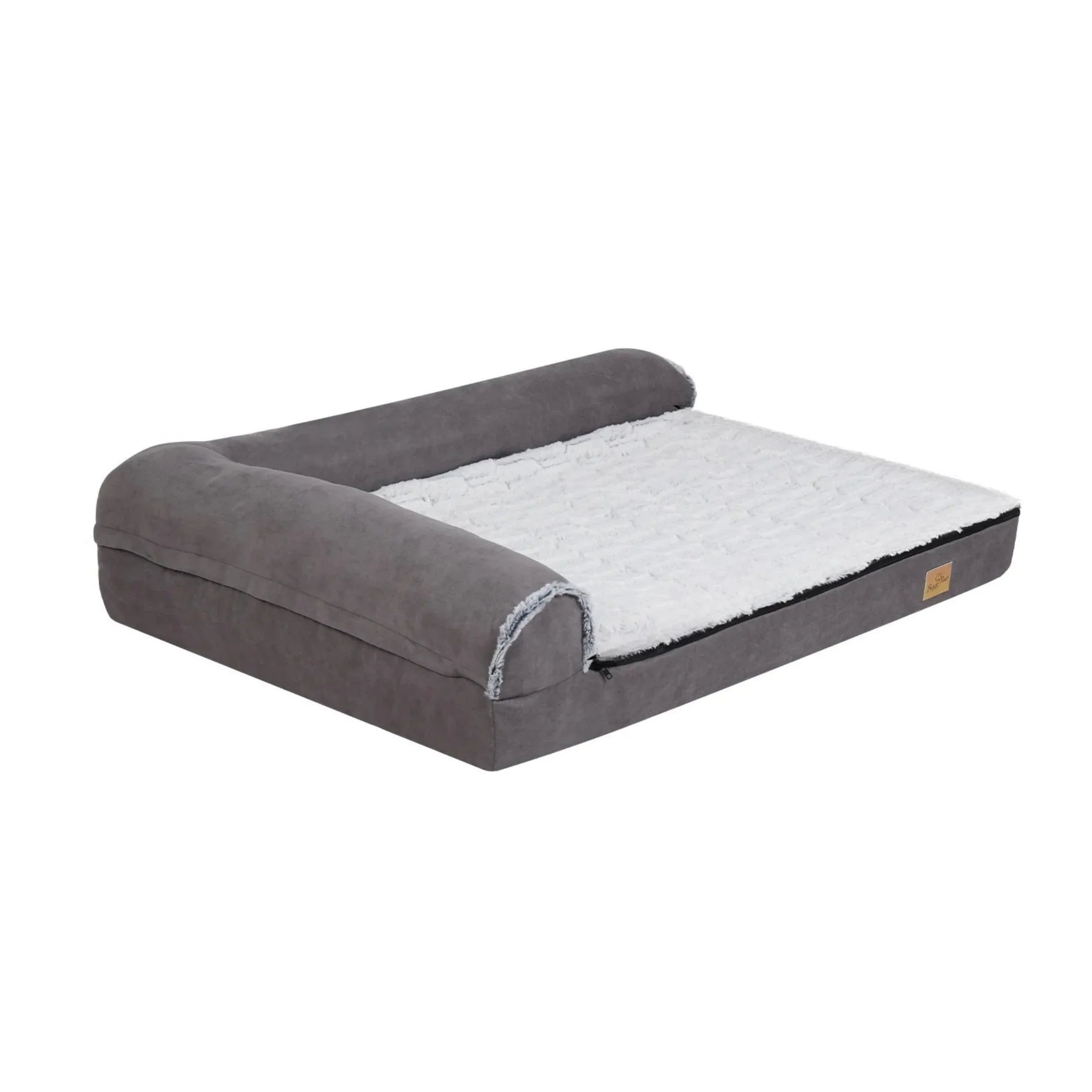 large orthopedic dog bed with gray bolstered sides and soft white sleeping surface