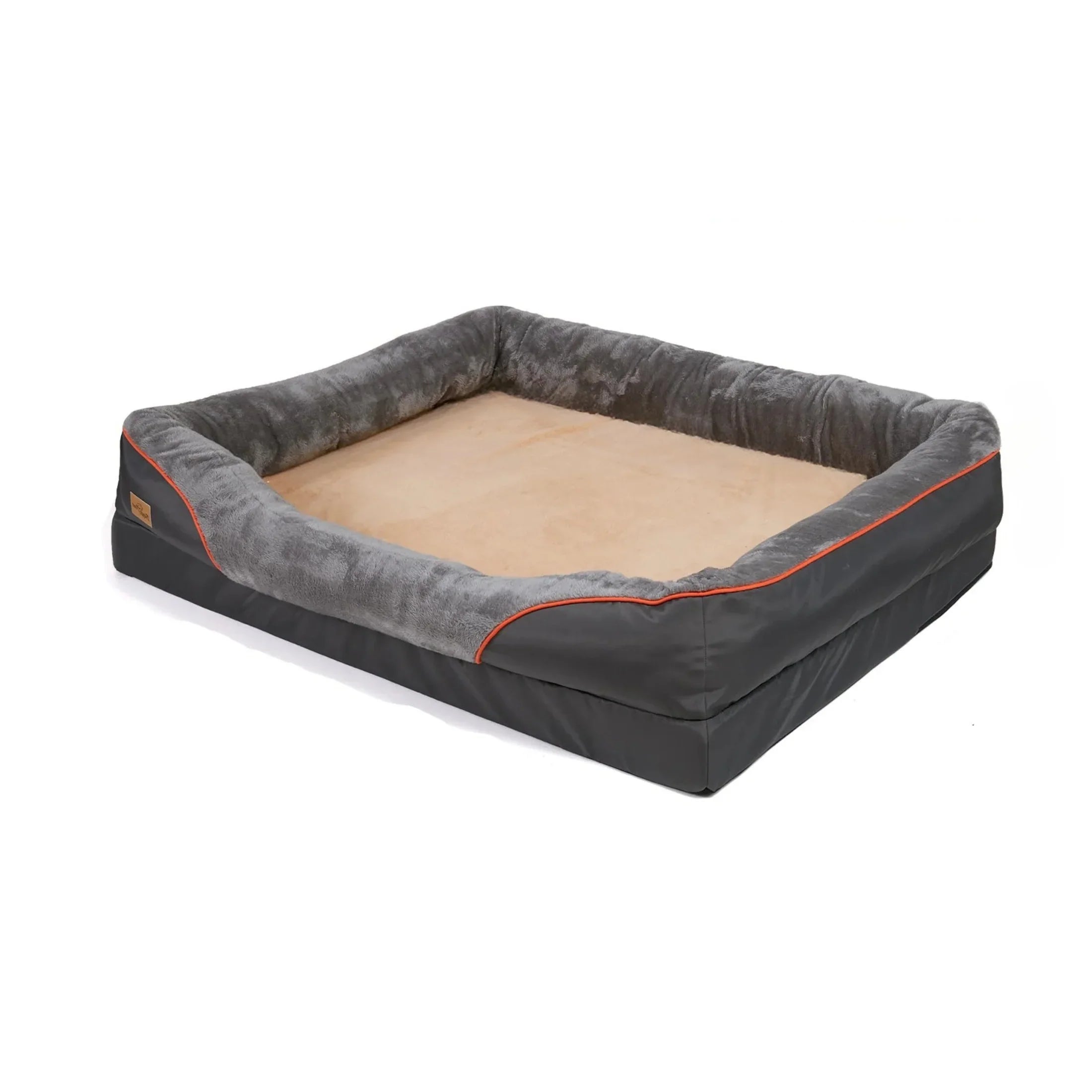 Large rectangular gray dog bed with plush sides and tan cushioned sleeping area