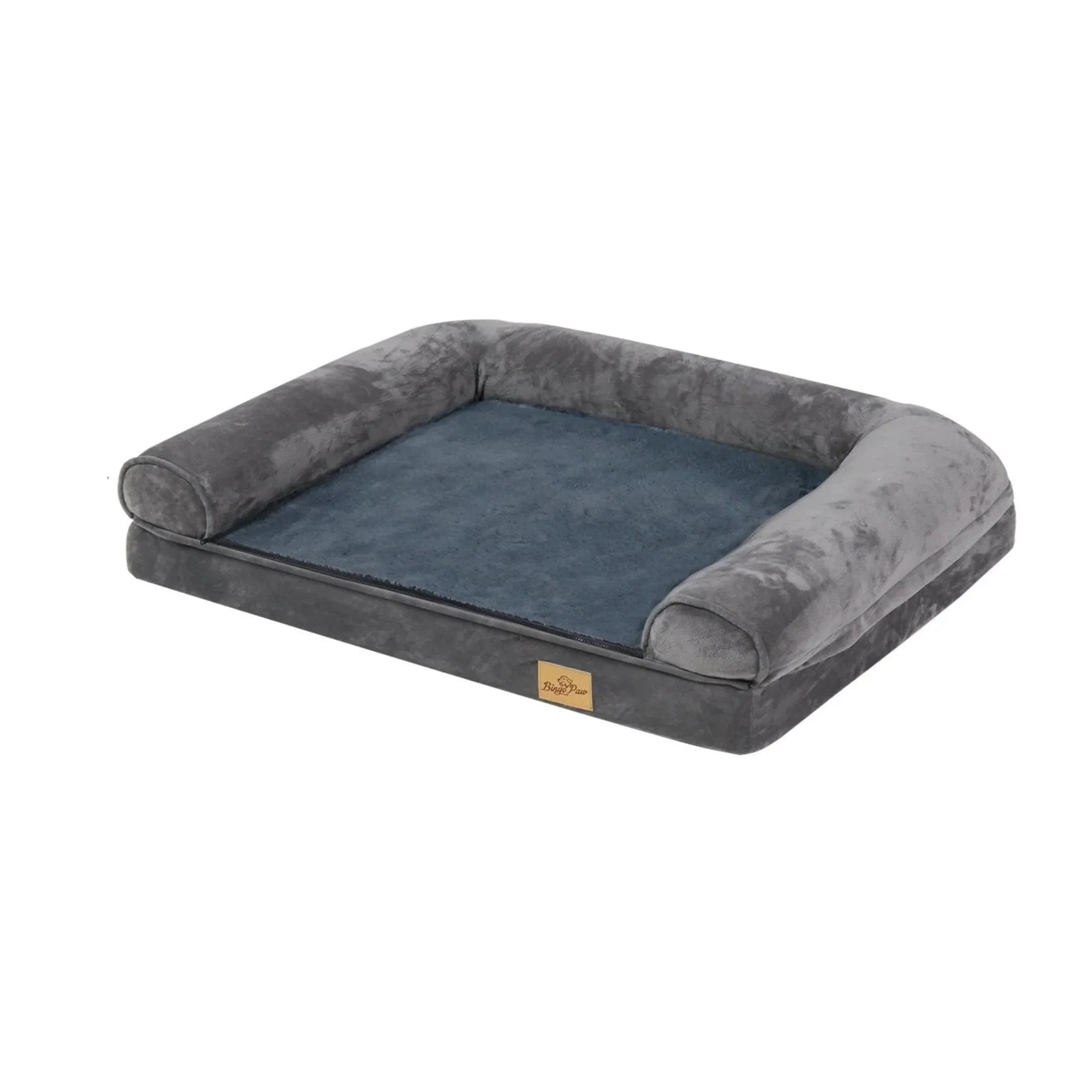 Orthopedic gray and blue pet bed with bolster sides on white background
