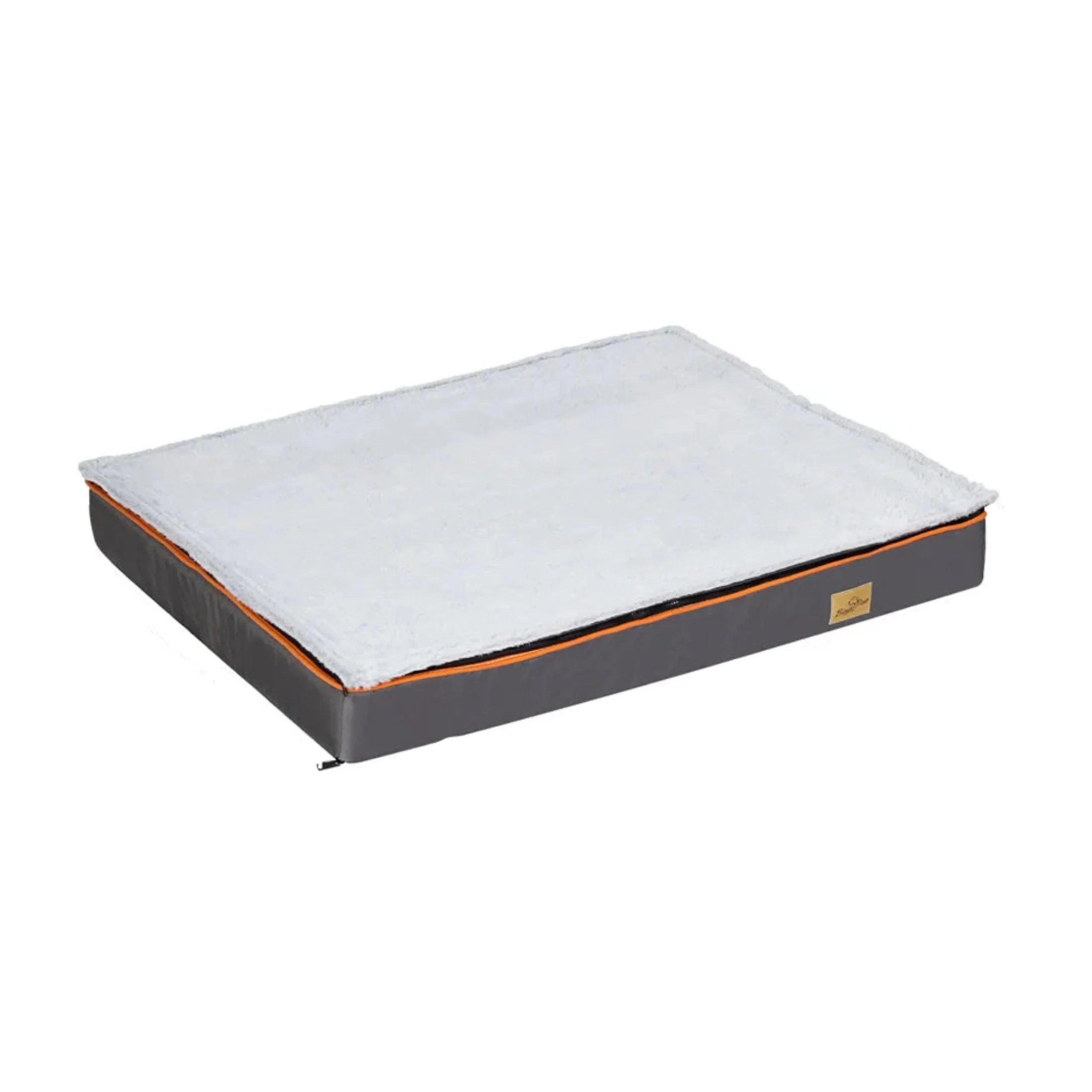 Orthopedic rectangular pet bed with gray sides and soft white plush top