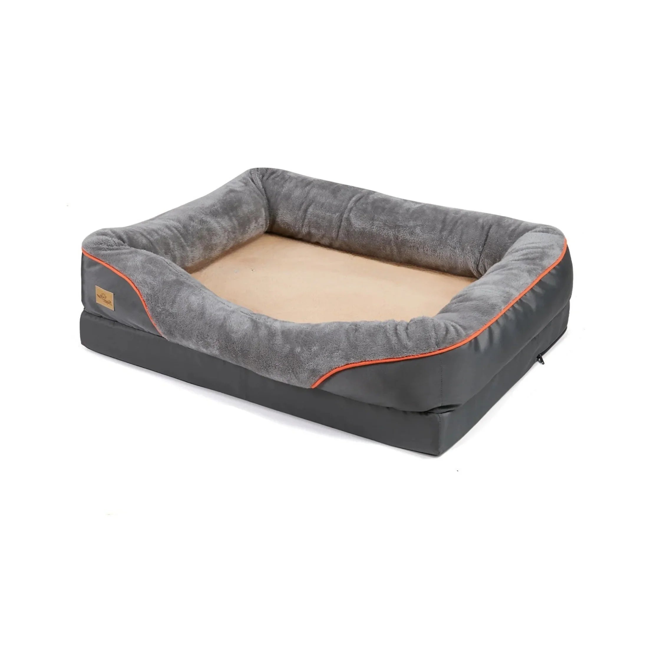 Rectangular gray plush dog bed with raised sides and soft tan sleeping surface