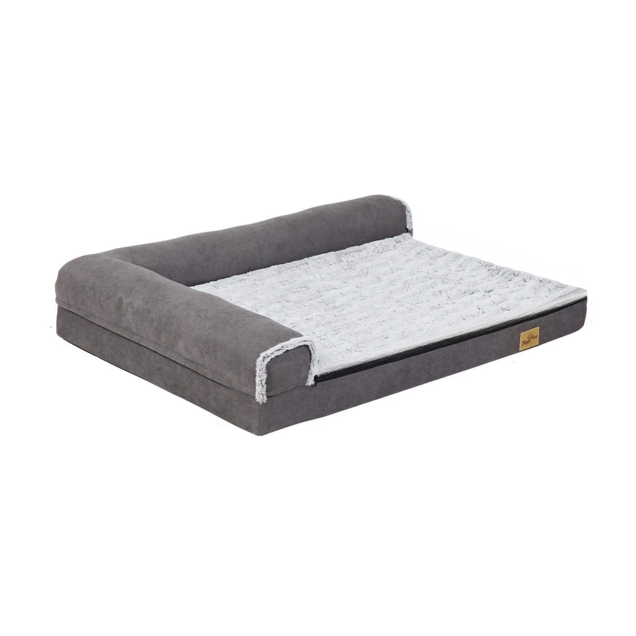 Orthopedic gray bolster pet bed with plush white sleeping surface on white background