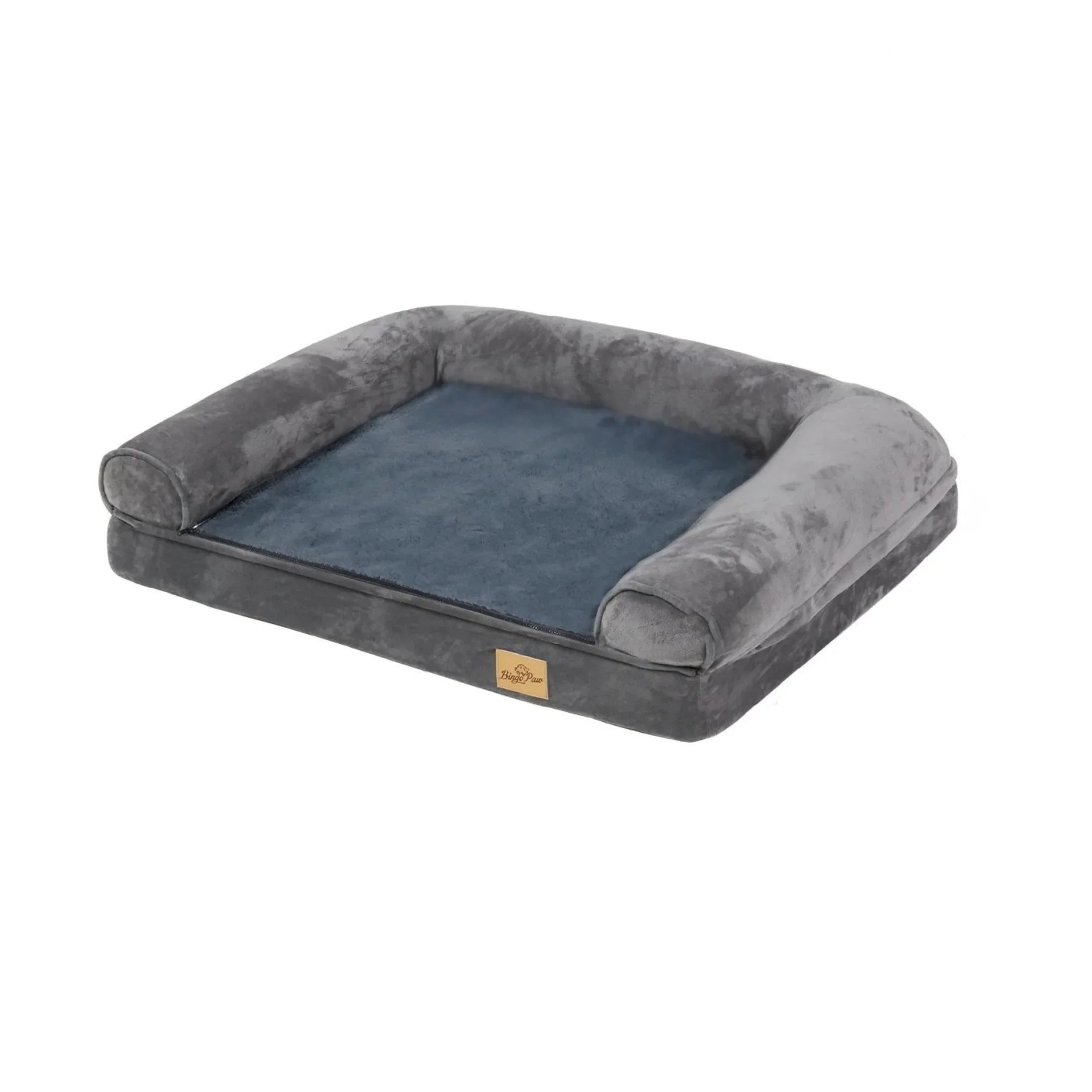 Orthopedic gray and blue bolster dog bed with plush sides on a white background
