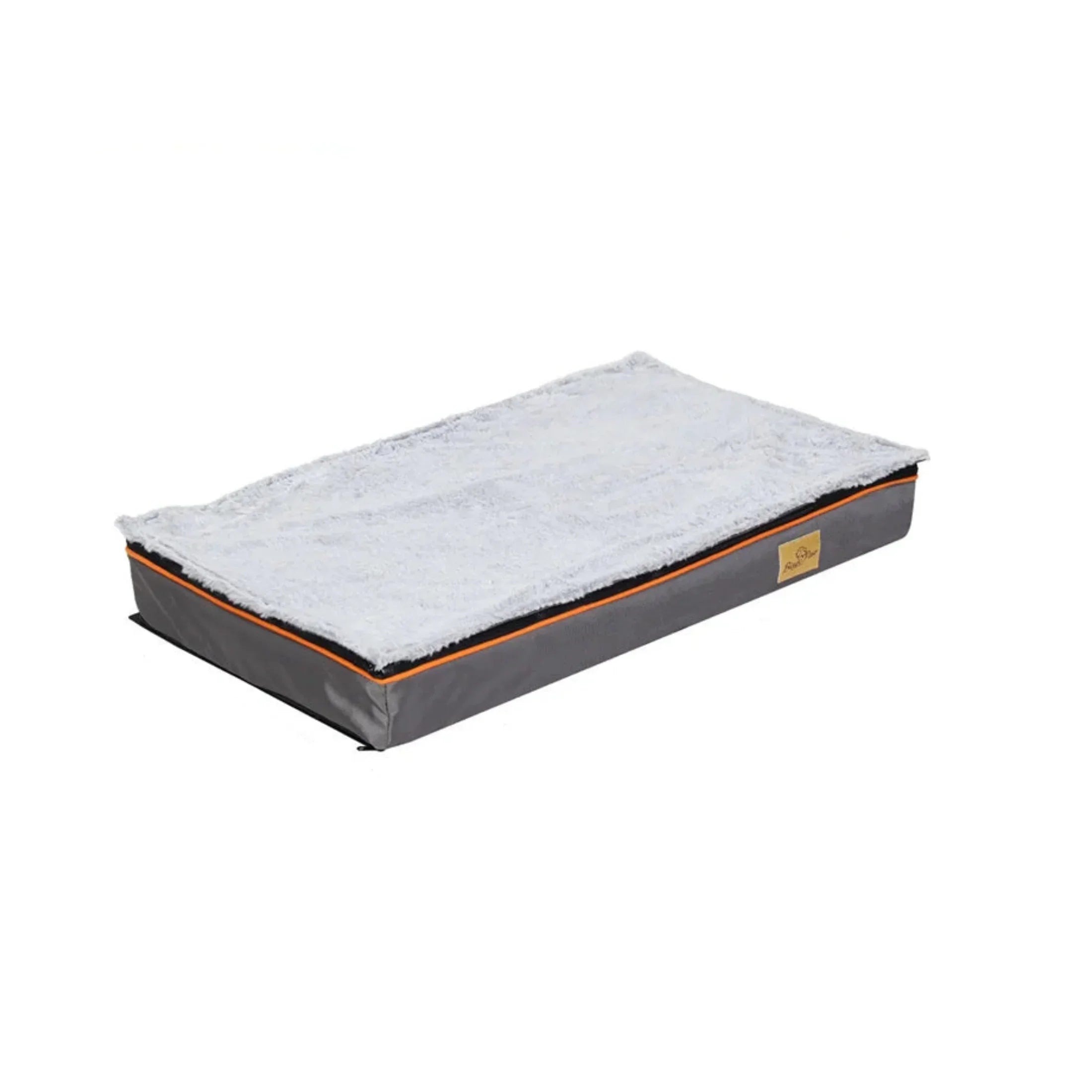Rectangular grey dog bed with soft white plush top and orange trim