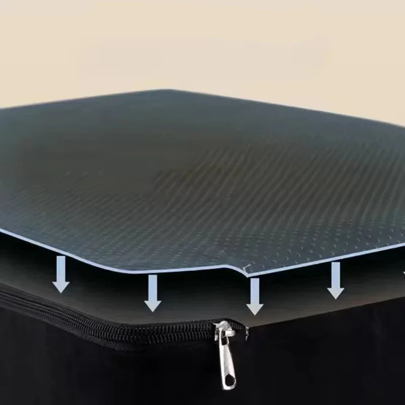 Close-up of a black pet bed with a removable, zippered cover and airflow arrows.
