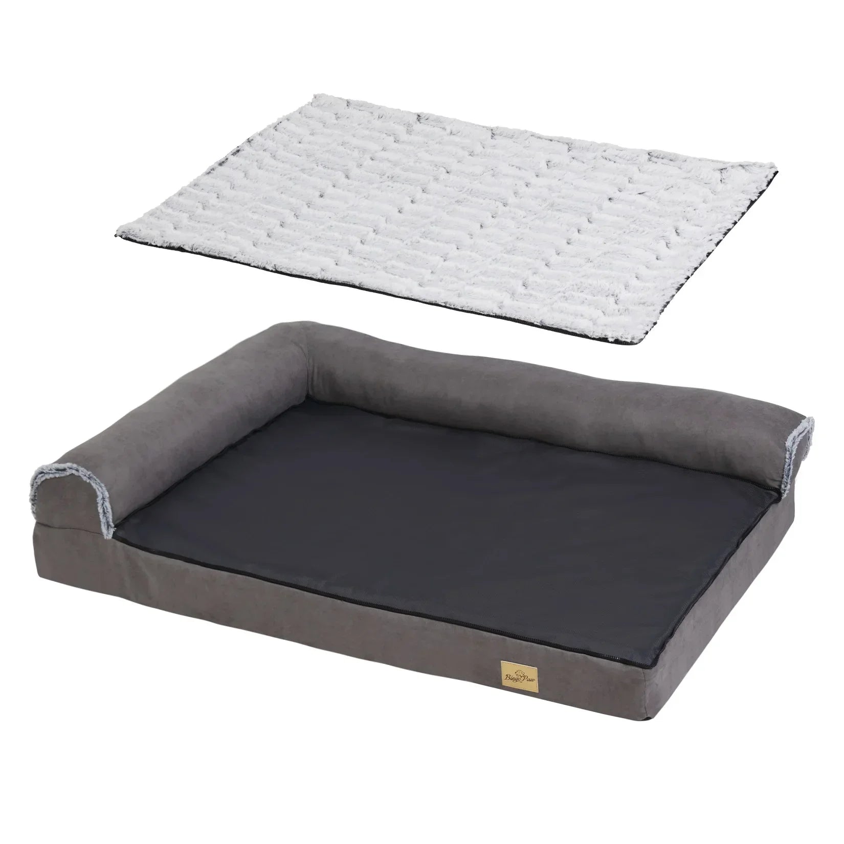 Orthopedic gray pet bed with bolstered sides and removable white plush mat