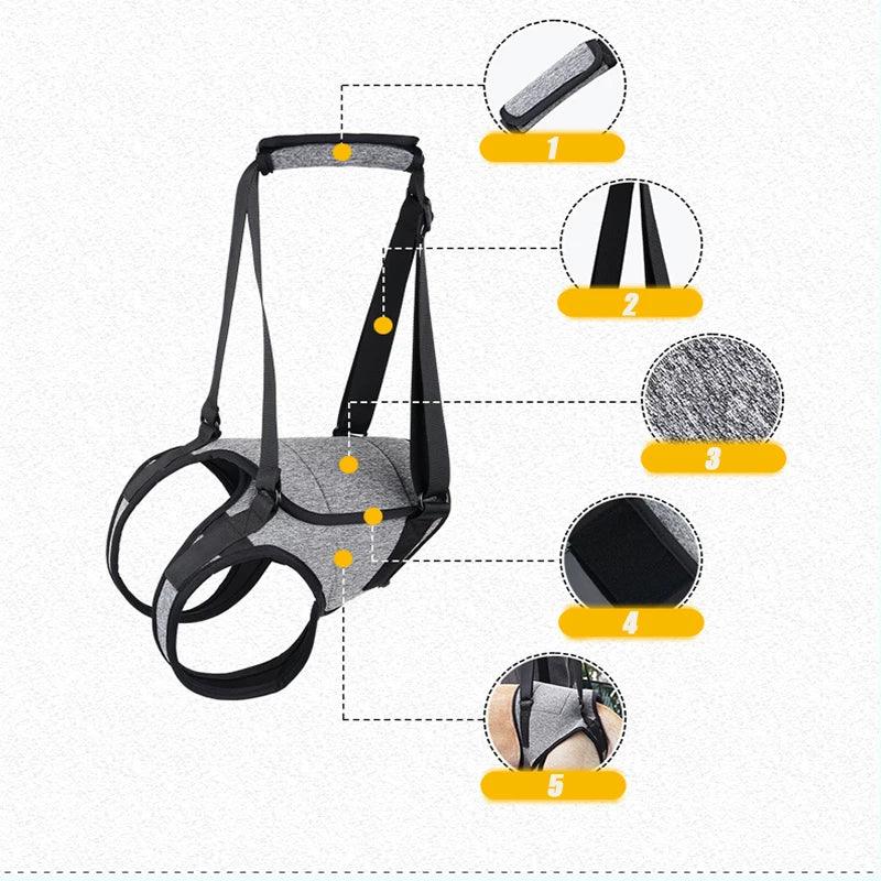 Gray dog lift harness with adjustable straps, breathable fabric, and padded support sections