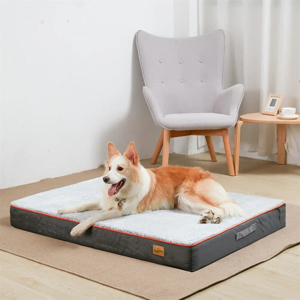 Medium dog lying on a plush orthopedic pet bed in a modern living room setting