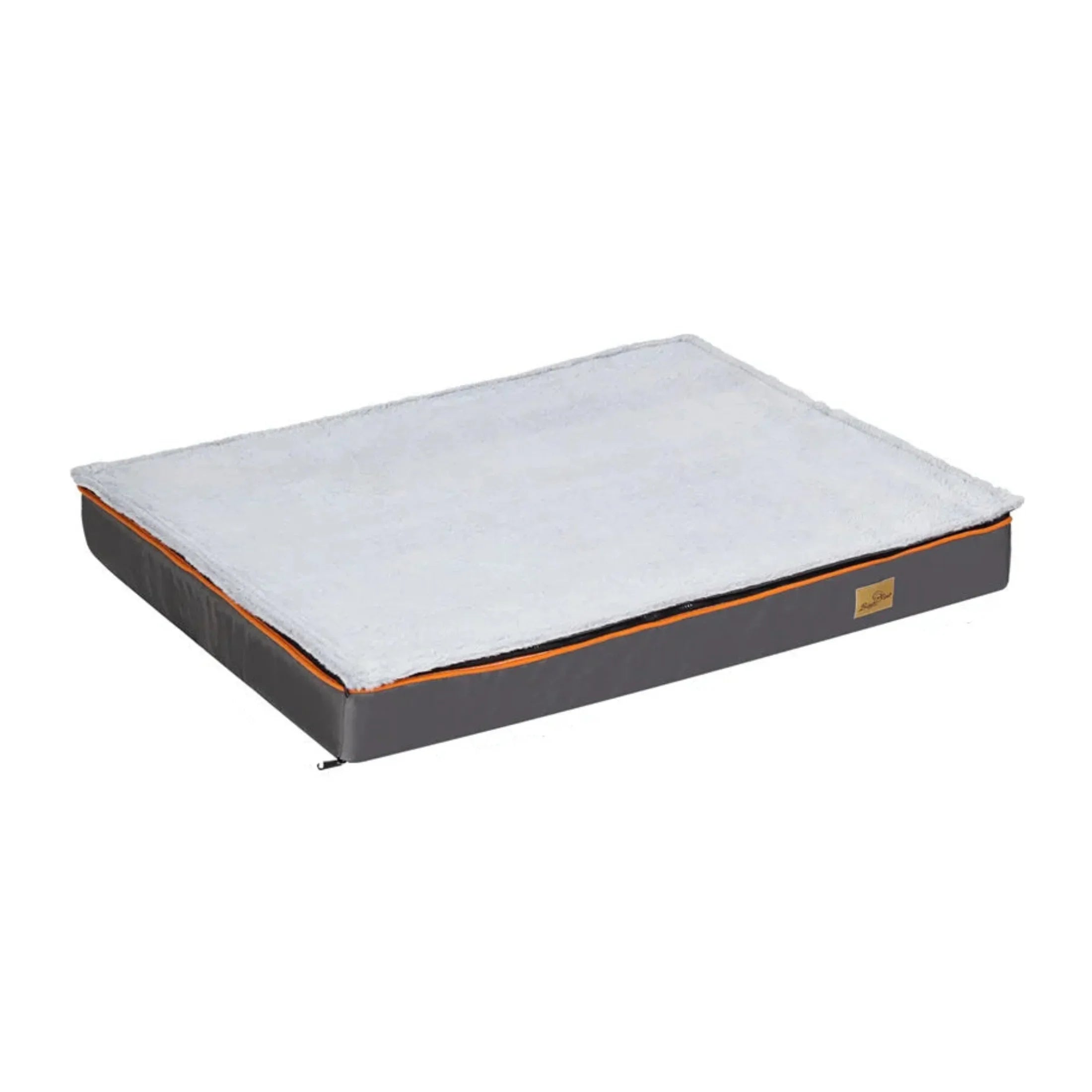 Orthopedic rectangular dog bed with grey sides, white plush top, and orange trim
