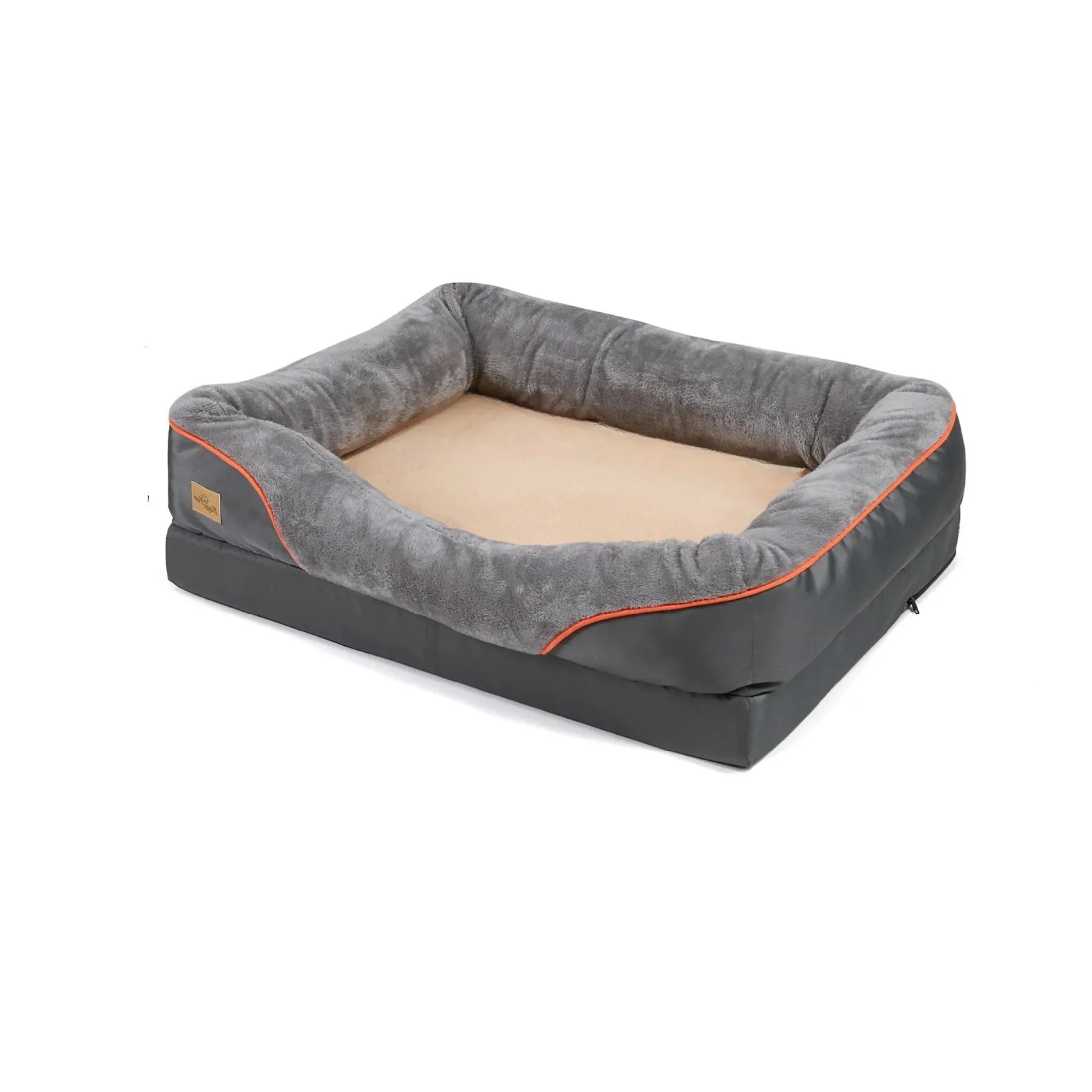 Orthopedic rectangular gray dog bed with soft plush sides and beige sleep surface
