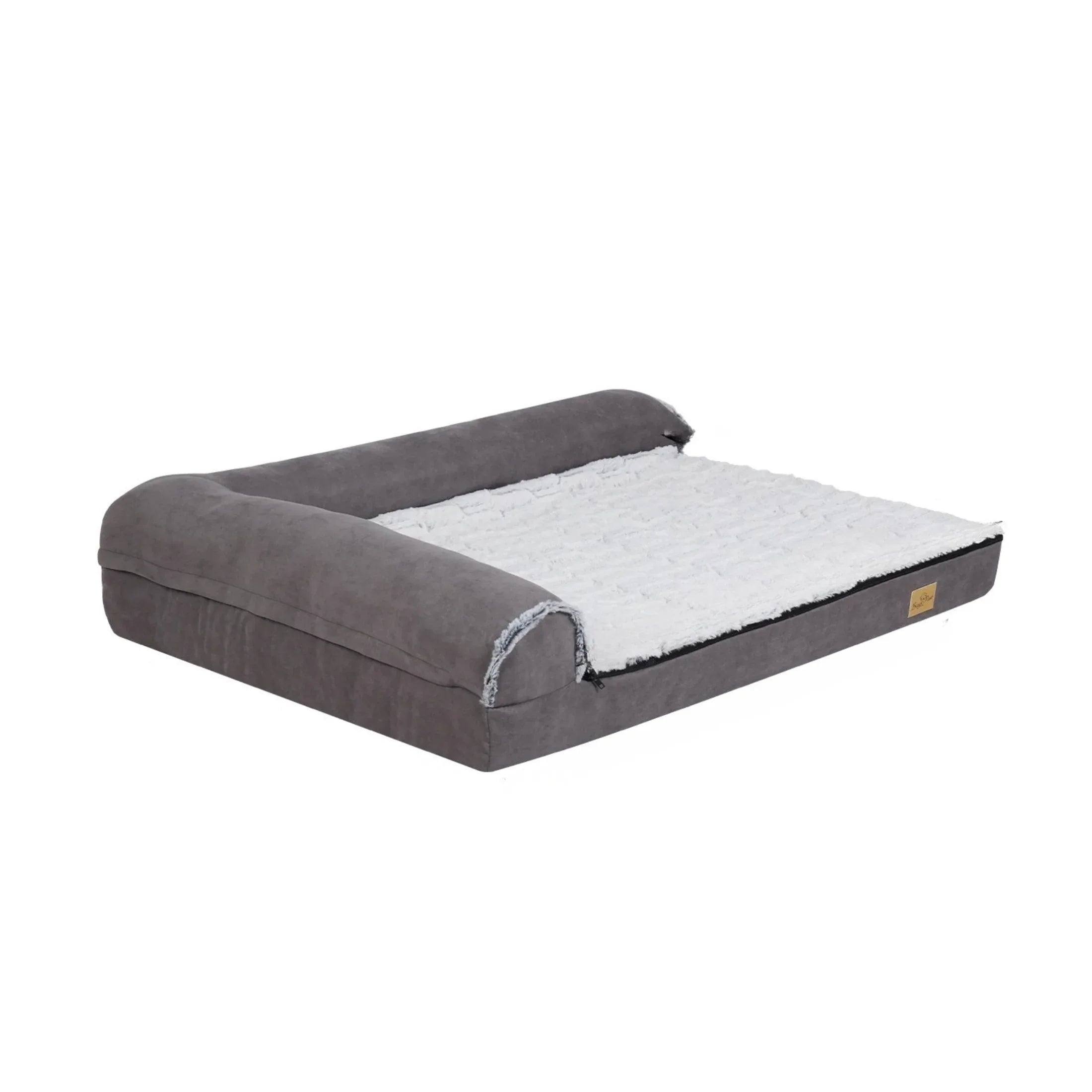 Large orthopedic dog bed with gray bolsters and a plush white sleeping surface