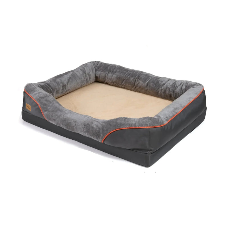 Rectangular gray plush dog bed with soft raised sides and beige sleeping surface