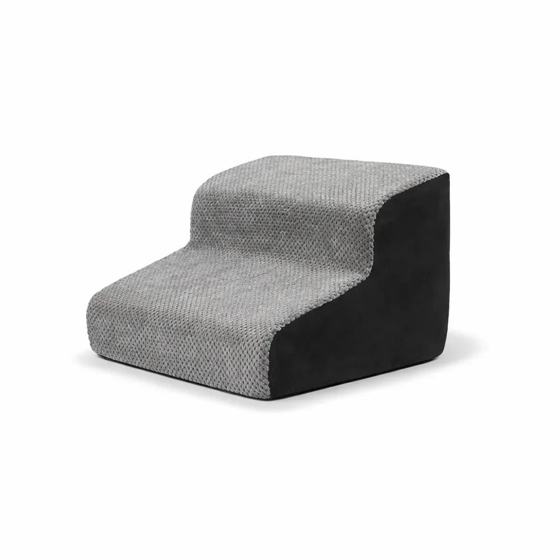 Two-step gray and black pet stairs with textured fabric for dogs or cats