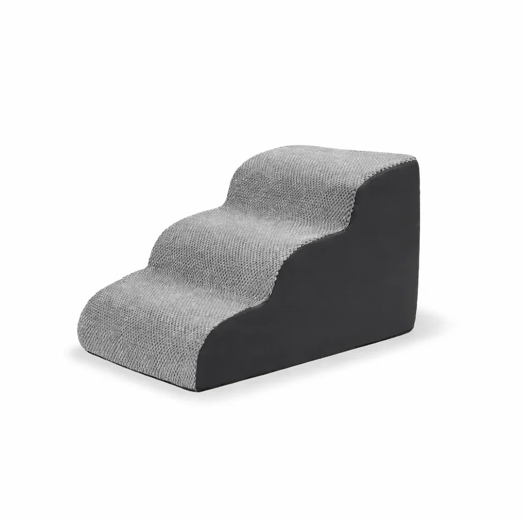 Three-step gray pet stairs with textured surface for small dogs or cats
