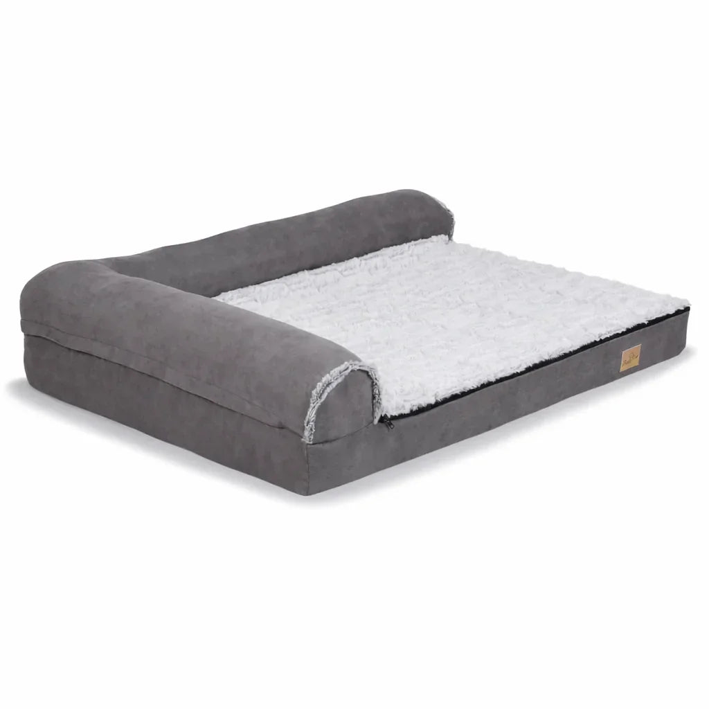 Orthopedic gray dog bed with plush white cushion and bolstered sides for pet comfort
