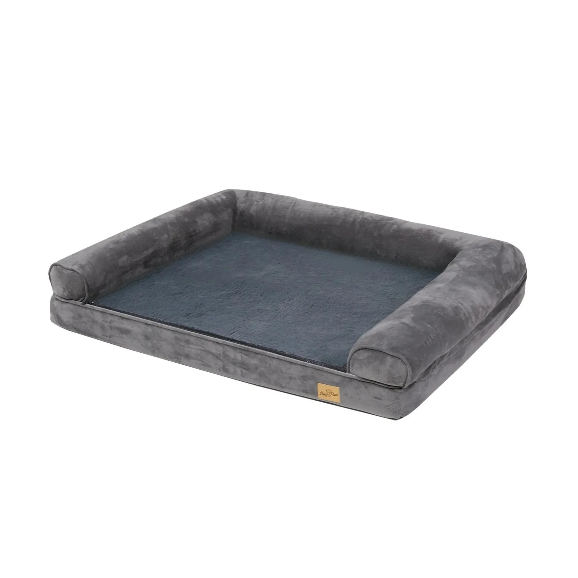 Large rectangular gray orthopedic dog bed with bolster sides on white background